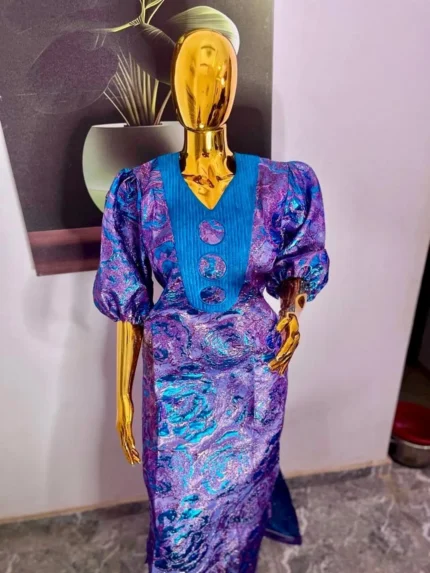 African Unique Rich Aunty Damask Brocade Embroidered Kaftan Dress