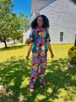 African Ankara Print Floral Front Zip 2p Pant Set - Image 4