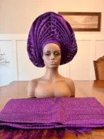 Traditional African Bridal and Rich Aunty Headgear/Head Tie Aso-Oke/Kente Auto Gele 2p Set Gele and Ipele - Image 3
