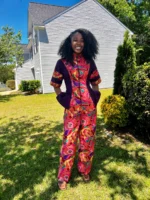 African Ankara Print Floral Front Zip 2p Pant Set - Image 2