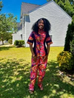 African Ankara Print Floral Front Zip 2p Pant Set - Image 8