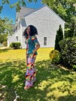 African Ankara Print Floral Front Zip 2p Pant Set - Image 9