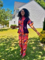 African Ankara Print Floral Front Zip 2p Pant Set - Image 5