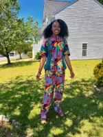 African Ankara Print Floral Front Zip 2p Pant Set - Image 6