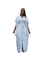 Luxury White African Damask Brocade Bubu Maxi Dress - Image 3