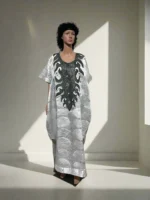 Luxury White African Damask Brocade Bubu Maxi Dress - Image 6