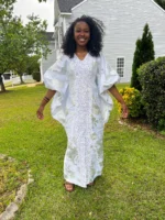Luxury White African Damask Brocade Bubu Maxi Dress