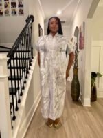 White  African Damask Brocade Maxi Dress: Bubu Boubou Style - Image 5